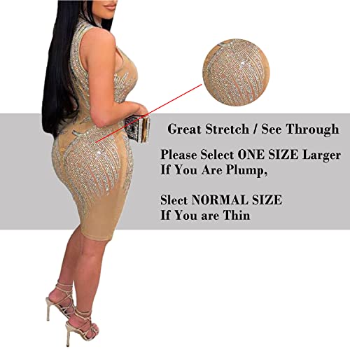 Image of PORRCEY Women's Sexy Hot Drilling Craft Dress Sleeveless Bodycon Party Club Night Out Dress(K2362,Beige,L)