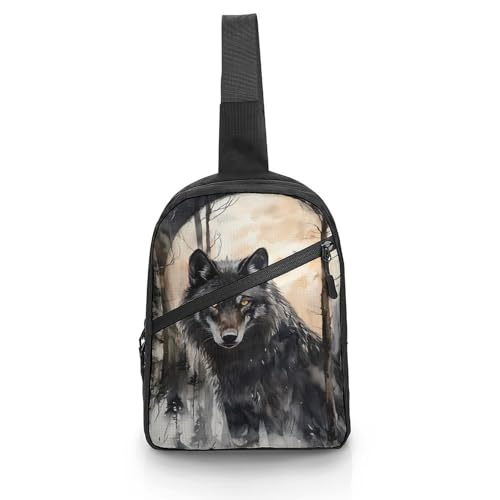 Black Wolf in The Forests Chest Bag Foldable Crossbody Unisex Pack Travel Hiking Adjustable Shoulder Straps Sling Bags