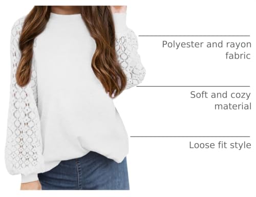 Image of Apbondy Girls Long Sleeve Shirts Lace Crewneck Blouses 5-14 Years | Casual,Lace sleeve, Loose Blouse Tops,Fashion Tops,Solid Color, Ribbed