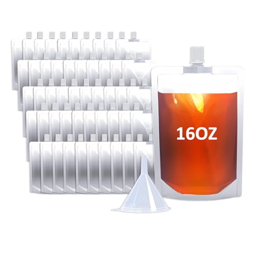 Cloudslucky 16OZ 50PCS Drink Pouches,Reusable Plastic Flask with Funnel for Drinking Liquid Juice,Stand Up Drink Bags for Travel Camping Outdoor Sport Concert Events,Leak-Proof Food Grade