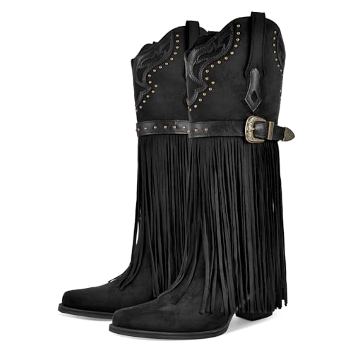 Richealnana Women's Fringe Pointed Toe Block Heel Pull On Metal Buckle Western Cowboy Boots2