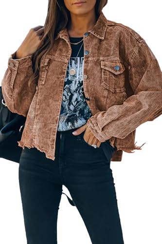 Womens Cropped Corduroy Jacket Casual Button Down Shacket Coat Fringe with Frayed Hem