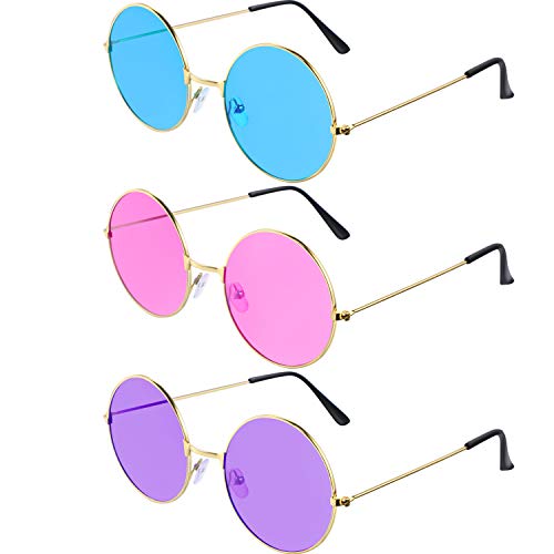 3 Pairs of John Hippie Sunglasses Hippie Dressing Accessory Retro Round Sunglasses Pink Purple and Blue 60's or 70's Style Circle Glasses