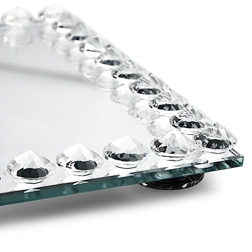 Rectangular Mirror Tray Crystal With Bead Diamond Shape Trim For Bathroom Vanity, Decorative Serving Tray For Coffee Table, Home Decor, Candles, Jewelry (9X6X1 In) #TOP4