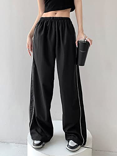 Winioder Parachute Pants For Women Baggy Cargo Pants Low Rise Y2K Track Pants Teen Girls Wide Leg Cargo Pant Streetwear (Black,S) #TOP1