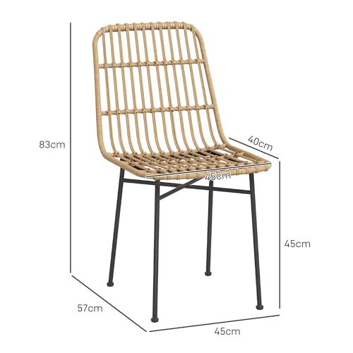 HOMCOM Set van 2 Rotan Eetkamerstoelen met Rugleuning, Keukenstoelen, Woonkamerstoelen tot 120 kg, voor Keuken, Eetkamer, Staal, Geel - Afbeelding 4