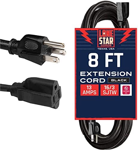 Lone Star Cords 8 Ft 16/3 SJTW Outdoor Extension Cord - Black 3 Prong Grounded Plug 16 Gauge Weatherproof Water Resistant Electrical Cable for Home Office and Landscape | Texas Based US Company