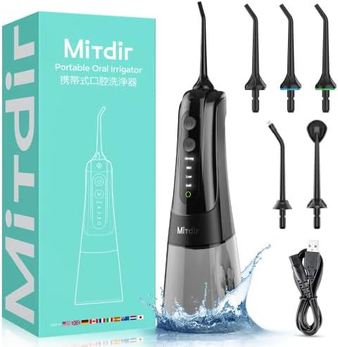 MiTdir Water Dental Flosser Oral Irrigator 5 Jet Tips 4 Modes IPX7 Waterproof 300ML Detachable Water Tank Portable Cordless Rechargeable Teeth Cleaner for Home&Travel (Black)