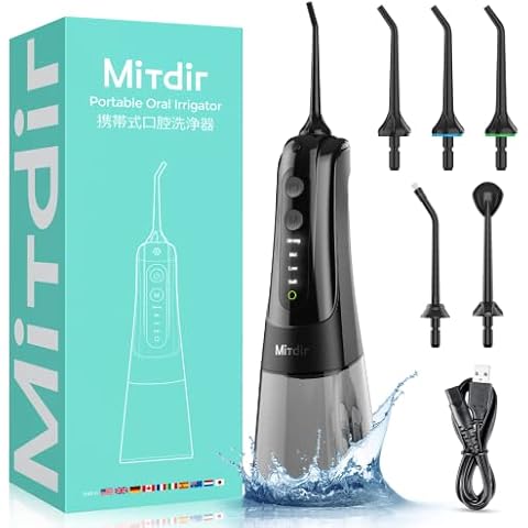 MiTdir Water Zahnseide Munddusche 5 Strahlspitzen 4 Modi IPX7 Wasserdicht 300 ml Abnehmbarer großer Wassertank Tragbarer kabelloser wiederaufladbarer Zahnreiniger Cover