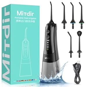 MiTdir waterflosser voor de tanden, monddouche, 5 straalpunten, 4 modi, IPX7-waterdicht, 300 ml, afneembare grote watertank, draagbare draadloze oplaadbare tandreiniger, voor thuis en op reis