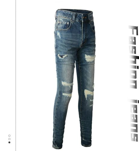 Jeans Pants Trouser Denim Men Stretch Slim Fit Trendy Street Worn Hole Washed Blue Grinding Fading Patched Casual Small Leg(Dark Blue,29)3