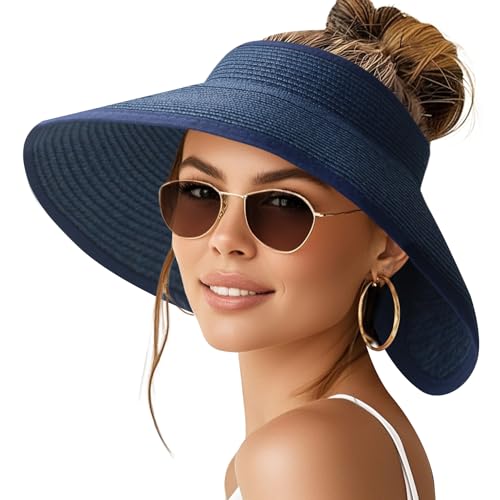 Image of NPQQUAN Sun Visor Hats for Women Wide Brim Ponytail Straw Beach Hat Packable Foldable UPF 50+ Floppy Travel Hats