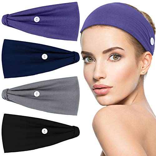 Yaazi 4 Pieces Button Knotted Headband Elastic Yoga Exercise Headband for Women (Gray, Purple, Navy Blue, Black)