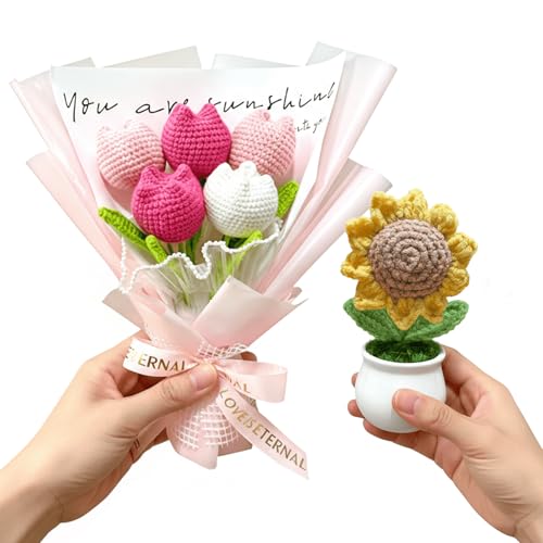 RosisBridge Handmade Crochet Flower Bouquet - Pink Knitted Tulips Forever Flowers Gift for Mothers Day Birthday Anniversary Graduation Hypoallergenic Home & Desk Decor (with Sunflower)