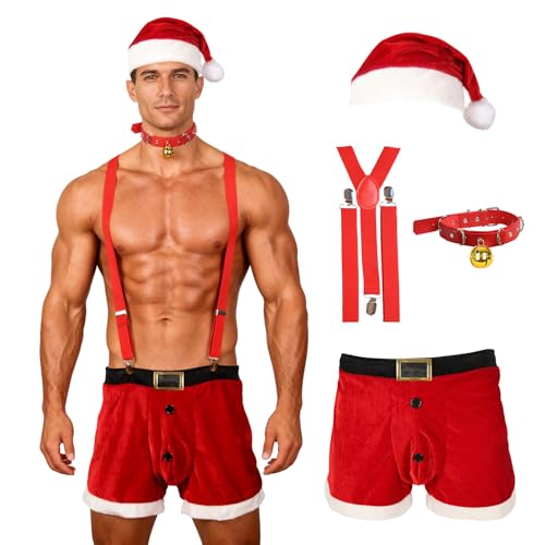 lckellong 4 Pcs Men's Christmas Boxer Briefs Set Sexy Santa Costume for Men Velvet Christmas Lingerie with Hat and Bell Collar-L