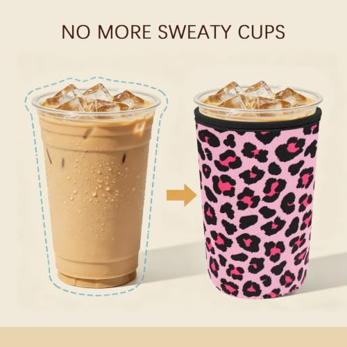 Image of Insulated Neoprene Cup Sleeve for Iced Coffee & Cold Soda - Reusable & Sweatproof, Keeps Drinks Cold Longer, Coffee Coolie for Hot & Iced Drinks (Pink Leopard Print, Large: 32oz)