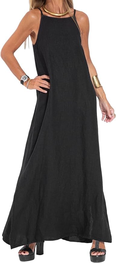 Women Spaghetti Strap Long Sundress Linen Sleeveless Split Maxi Tank Dress Travel Vacation Beach Outfits