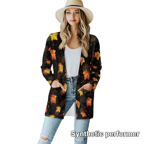 Image of Fall Maple Leaf Cardigan Sweaters for Women Long Sleeve Cardigan Soft Drape Open Front Dusters V-Neck Jackets Dressy