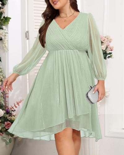 Image of Talisea Plus Size Cocktail Dress - Formal Wedding Guest Fall Long Sleeve A Line Pleated V Neck Midi Dresses for Curvy Women