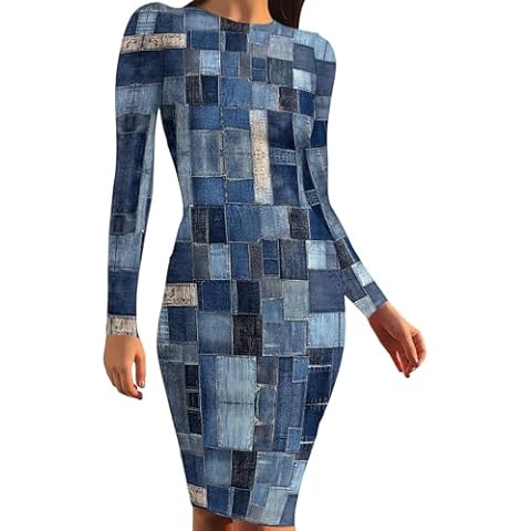 Body Con Dress Women Bodycon Sexy Pattern Long Sleeve Crew Neck Flower Print Club Cocktail Party Midi Pencil Date Night Dresses for Women Cover