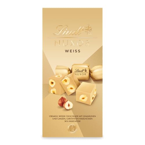 Lindt Schokolade | NUXOR Beutel Weiß | 103g | Cremige Weiße-Schokolade mit ganzen und gerösteten Haselnüssen | Schokoladen-Geschenk