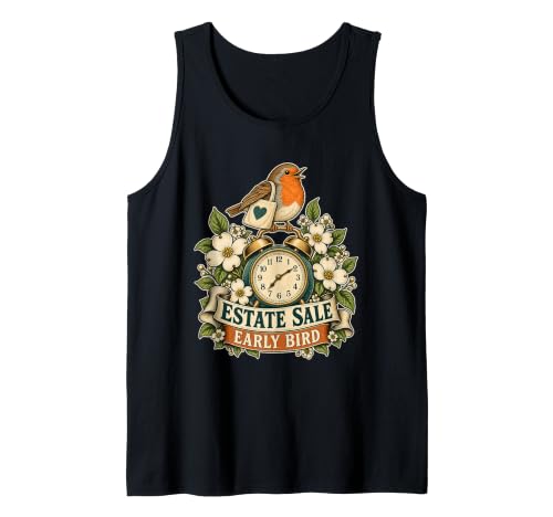 Estate Sale Early Bird Shopper Vintage Thrifter Robin Clock Sleeveless Tank Top product photo