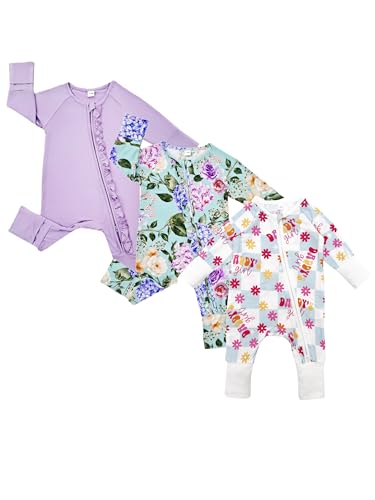 Image of Bow Dream Bamboo Rayon Baby Boy Romper Footed Long Sleeve Footies Newborn Girl Clothes Footless with Zipper and Mitten Cuffs
