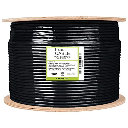 trueCABLE Cat5e Outdoor, 1000ft, Waterproof Direct Burial Rated CMX, Black 24AWG Solid Bare Copper, 350MHz, PoE++ (4PPoE), ETL Listed, Unshielded UTP, Bulk Ethernet Cable