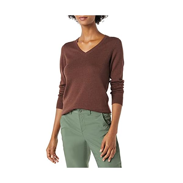 Amazon-Essentials-Womens-Classic-Fit-Lightweight-Long-Sleeve-V-Neck-Sweater Amazon Essentials Women's Classic-Fit Lightweight Long-Sleeve V-Neck Sweater (Available in Plus Size), Dark Chestnut Brown Heather, Medium