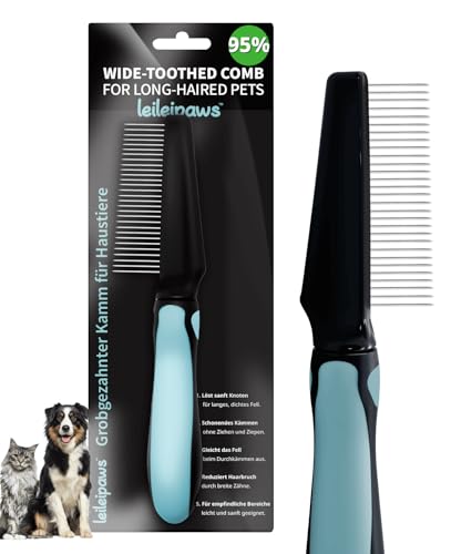 LeileiPaws Entwirrkamm & Breitzahnkamm für Hunde & Katzen – Fellpflegekamm gegen Knoten, lose Haare & Schmutz – Edelstahlzähne, ergonomischer Anti-Rutsch-Griff, für Langhaar & Lockiges Fell Haustiere