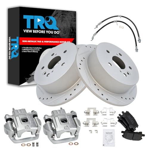 Image of TRQ Performance Rear Brake Pad and Rotor Set Semi Metallic Slotted Drilled Coated Calipers Compatible with 04-06 Lexus RX330 07-09 RX350 06-08 RX400h 06-07 Toyota Highlander with All Wheel Drive