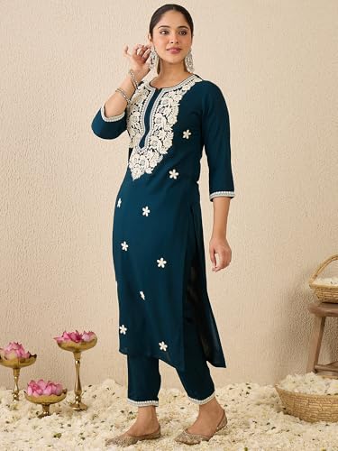 Image of INDO ERA Women's Viscose Rayon Floral Embroidered Straight Calf Length Kurta & Pant Set (IESTR11471)