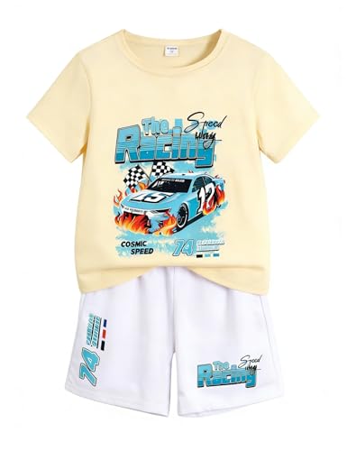 Image of OLMRJKD Boys 2 Piece Outfits Short Sleeve Colorblock T-shirt and Shorts Summer Casual Clothes for 6-12 Years