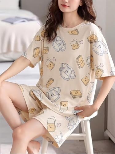 Image of Korean Night Dress |Shorts Set |Round Neck Half Sleeve Nightsuit |Premium Cotton Blend Stylish Digital Printed Pajama Co-ords |Matching 2 Piece Sleepwear Nightwear Cute Pjs |Casual Lounge Sets