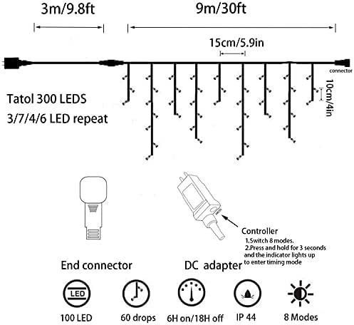 YASENN Icicle Lights,300 Led 9 Meters Icicle Style String Lights Christmas Lights Connectable 8 Lighting Modes Multifunction Plug in for Christmas Garden Patio Eave Roof Wall Decorations (Cool White)
