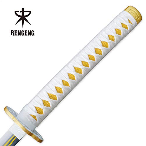 RENGENG Cosplay Anime Agatsuma Zenitsu Katana Samurai Sword, Carbon Steel, Hand-Wound Wax Rope, White/Yellow - Thumbnail 6