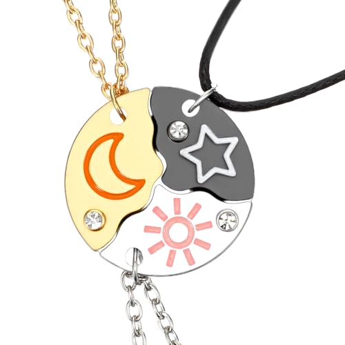 Ajcotahm BFF Necklace for 3, Sun Moon Star Puzzle Matching Pendants Cute Friendship Necklaces Jewelry for Women Best Friends Sisters