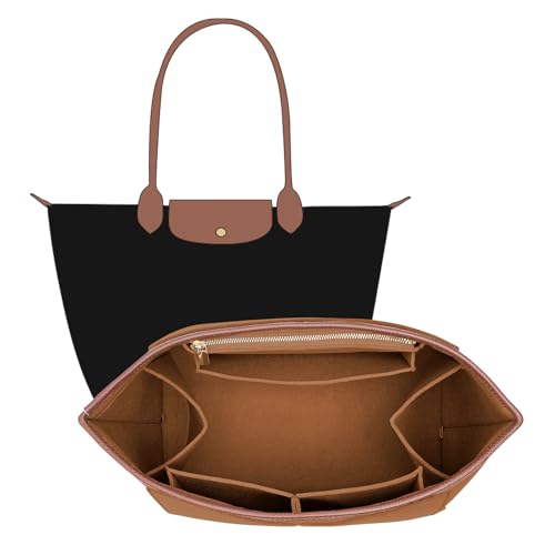 DOIAPUOS Bolsa organizadora de feltro para bolsa Longchamp Le Pliage L, bolsa de mão, borda de couro, bolsa organizadora Longchamp (marrom, grande)
