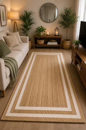 Image of Handmade Natural Jute Runner Rug for Hallway Living Room Kitchen Bedroom Floor Carpet (Beige + White Design, 2x5)