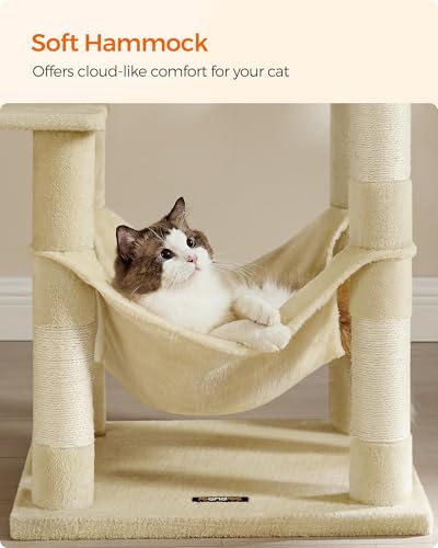 Image of Feandrea Cat Tree, 54.2-Inch Cat Tower, Plush Multi-Level Condo with 4 Scratching Posts, 2 Perches, Hammock, Cave, Beige UPCT161M01