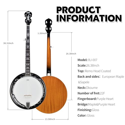 5 String Full Size Banjo Solid Back with beginner Kit Remo Head Coated Top European Maple Body Material Sapele Back Material Type Okoume Neck Material Type