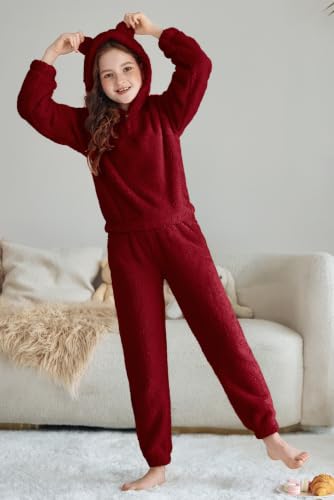 Image of Arshiner Girls 2 Piece Outfits Sweatsuit Fuzzy Long Sleeve Bear Ear Hoodie Sweatshirt and Sweatpant Kids Clothing Sets