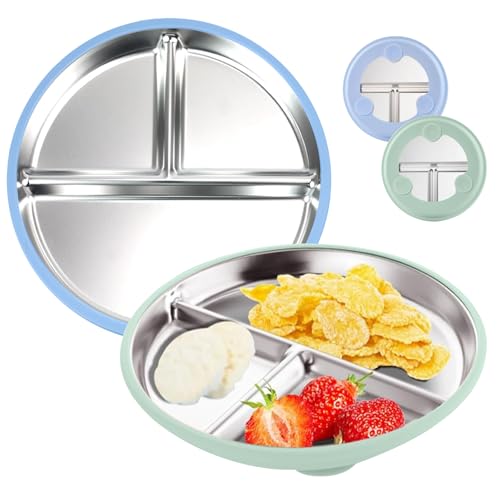 DONGSZQ 2 Piezas de Platos de bebé de Acero Inoxidable con Ventosa, plato antideslizante para bebés, Platos divididos para niños con Funda de Silicona Desmontable, bueno para la alimentación del bebé