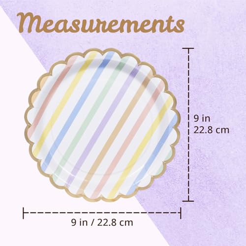 Image of Party Paper Plates, 50-Pack 9-Inch Bulk Disposable Decorative Paper Plates with Gold Scalloped Trim, Pastel Colors for Tea Party, Easter, Garden Party, and Bridal Showers, Pastel Rainbow Stripes