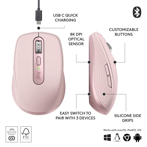 Image of Logitech MX Anywhere 3S Compact Wireless Mouse, Fast Scrolling, 8K DPI Any-Surface Tracking, Quiet Clicks, Programmable Buttons, USB C, Bluetooth, Windows PC, Linux, Chrome, Mac - Rose