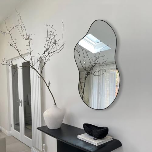 Image of Black Asymmetrical Wall Mirrors Irregular 20x36 Inch Abstract Mirror | Wall Mirrors Decorative Orangic Modern Cloud Mirror for Bathroom Bedroom Living Room Entryway Hallway