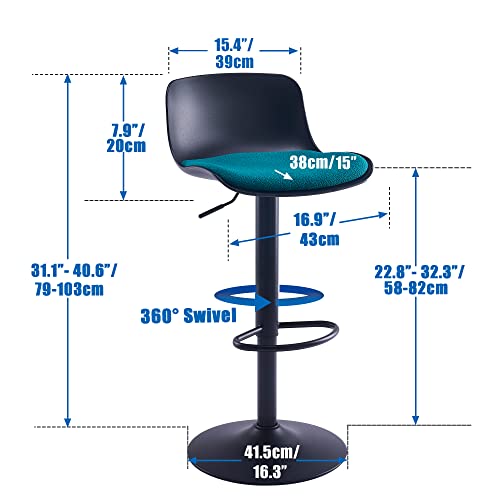 Younike Bar Stools Set Of 2 Black Adjustable Swivel Counter Height Barstools With Back Padded Velvet Peacock Green Seat Bar Chair For Kitchen Islands #TOP1
