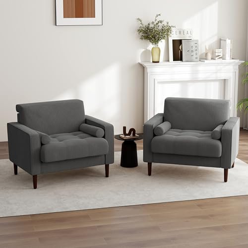 Image of Accent Chairs Set of 2, Corduroy Fabric Upholstered Armchair for Living Room, Comfy Arm Chair Single Sofa Bedroom Reading Seat with Solid Wood Legs - Grey