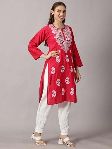 Image of FCH, Fashionable Chikan Handikraft Women's Cotton Lucknowi Chikankari Printed Straight Kurta for Regular Wear Girls Flared Kurta