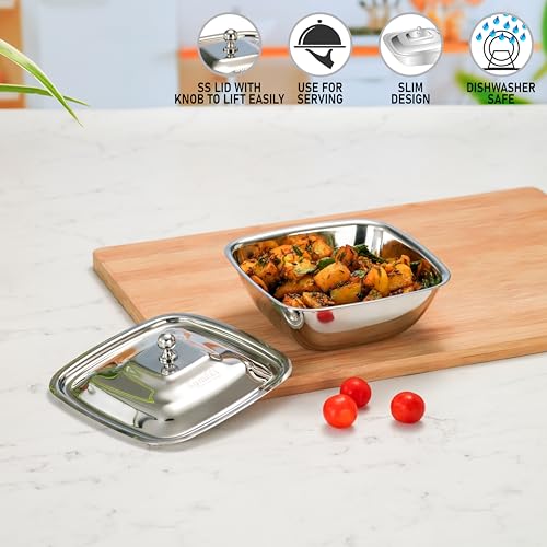 Image of Sumeet Stainless Steel Square Serving Bowl /Curry Bowl /Gravy Pot with lid, 900ml capacity, 17cm Dia, Silver